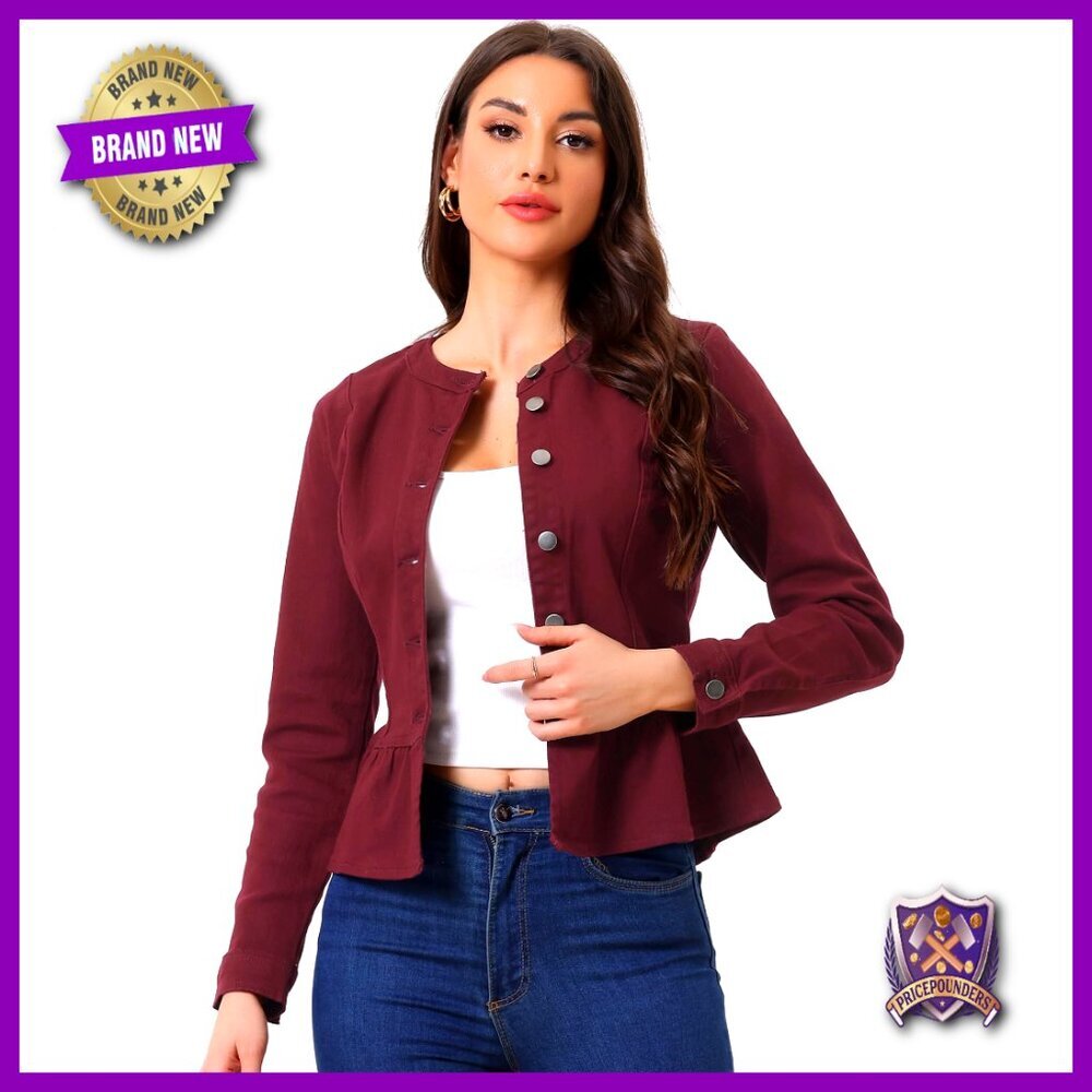 Peplum Denim Jacket Collarless Cropped Ruffle Hem Button Down Chic Casual